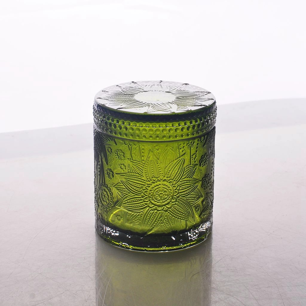 Wholesale high quality flower pattern glass candle jar with lid
