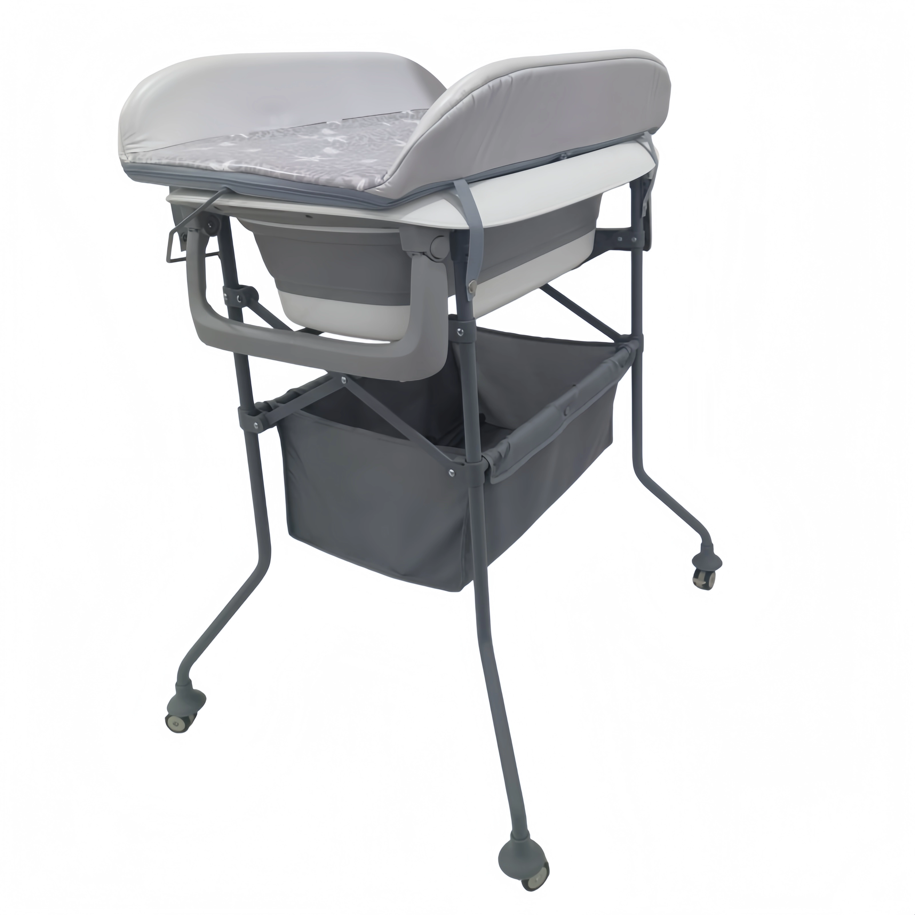 China Stable Steel Frame Foldable Baby Bath Changing Table, All-in-One Infant Bathtub Care Station manufacturer