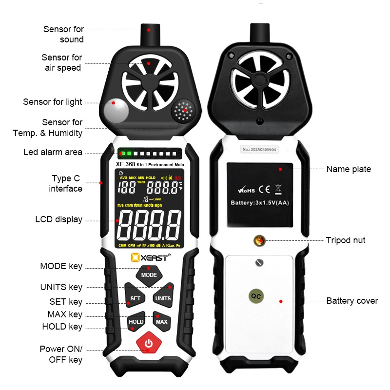 5-in-1-Umwelttester mit hoher Genauigkeit und dreifarbigem Alarm XEAST XE-368 Multifunktionales Handmessgerät