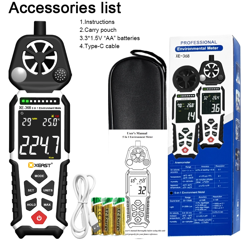5-in-1-Umwelttester mit hoher Genauigkeit und dreifarbigem Alarm XEAST XE-368 Multifunktionales Handmessgerät