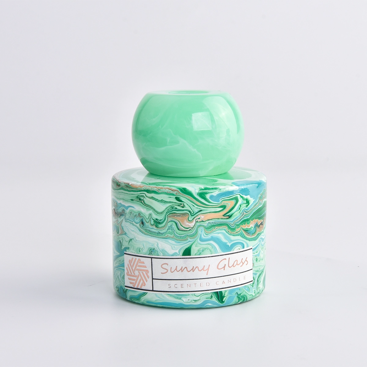 Customized gift box set marbled green glass candle holders and reed diffuser bottle