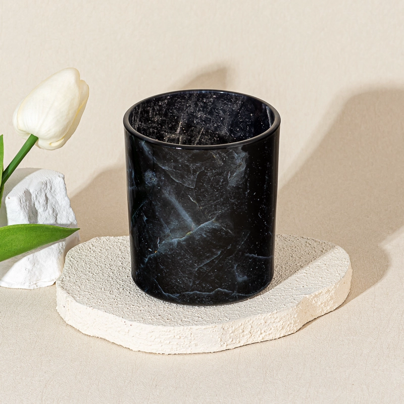 Luxury Black Marble Pattern Glass Candle Holder Jar for Scented Candle