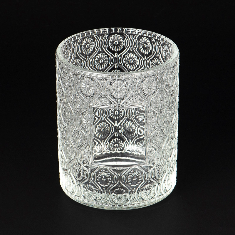 Luxury Embossed Floral Patterns Glass Scented Candle Jar for Home Decor