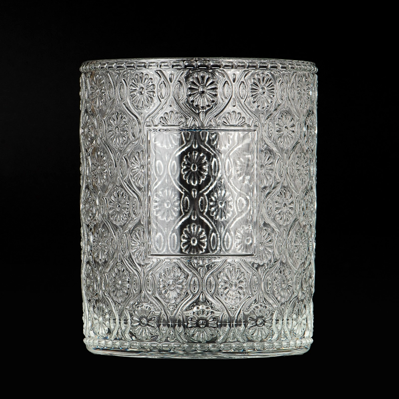 Luxury Embossed Floral Patterns Glass Scented Candle Jar for Home Decor