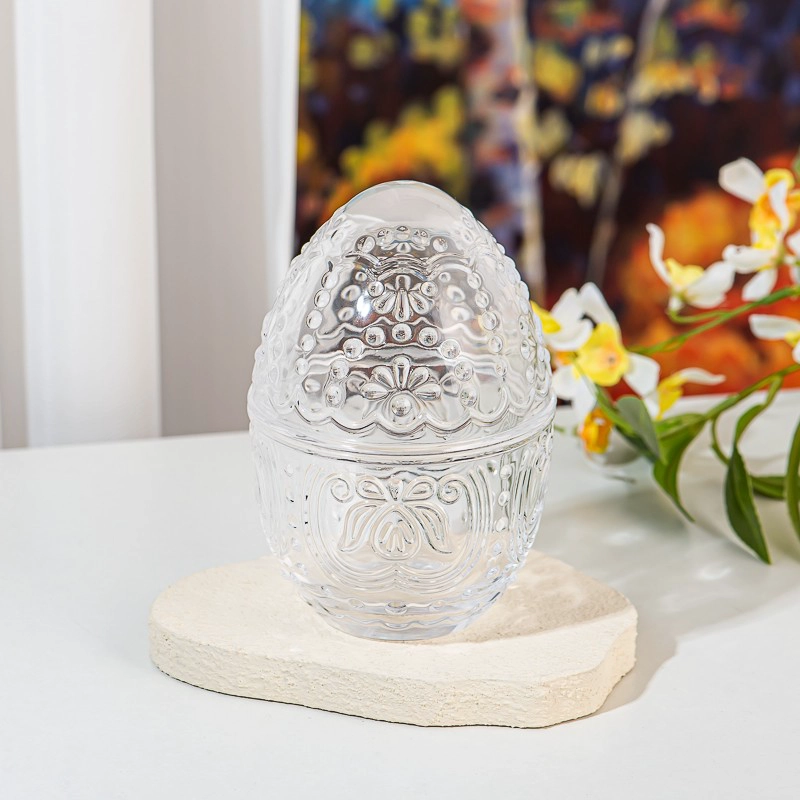 Creative Egg Shape Embossed Pattern Glass Container 286ml Candle Jar with Lid