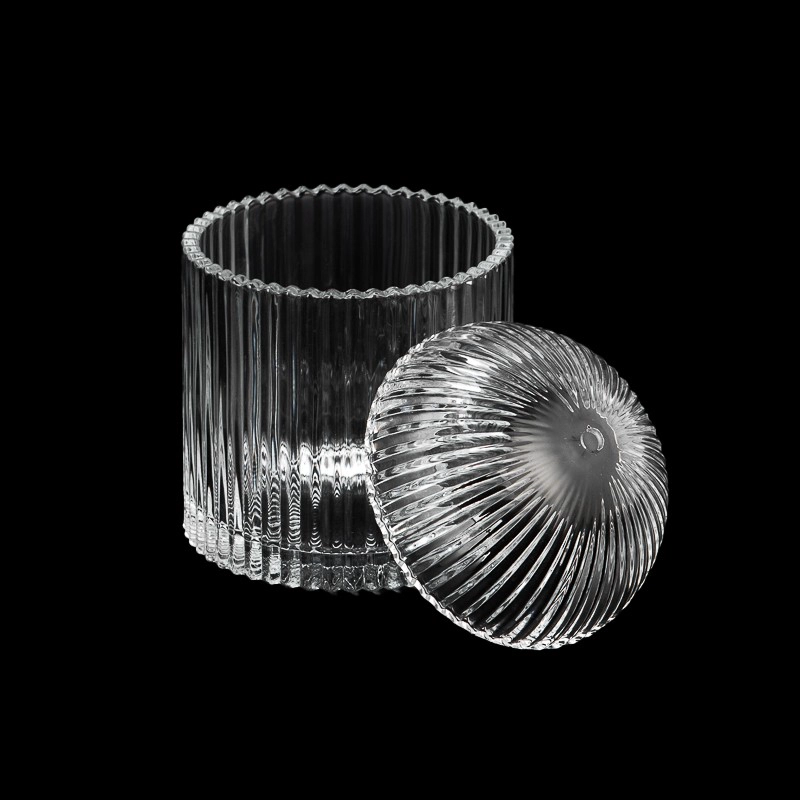Popular Vertical Strip Design Glass Candle Vessel 17OZ Candle Holder with Round Lid