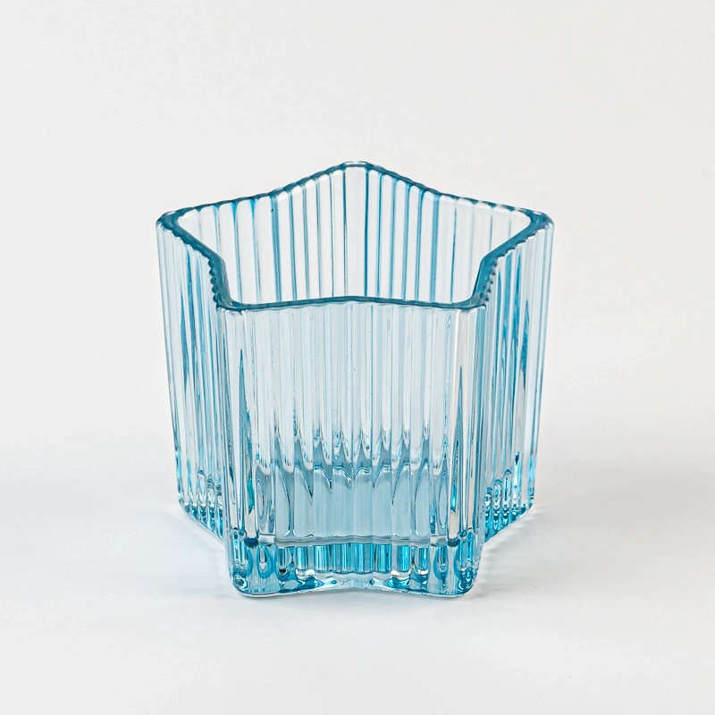 Popular Design Stripe Decor Light Blue Glass Candle Jar for Scented Candle