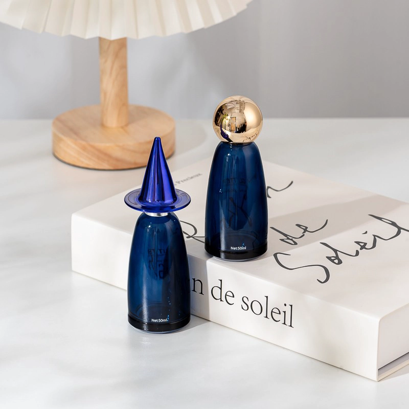 Custom Color 50ml Blue Glass Perfume Bottle with Creative Cap