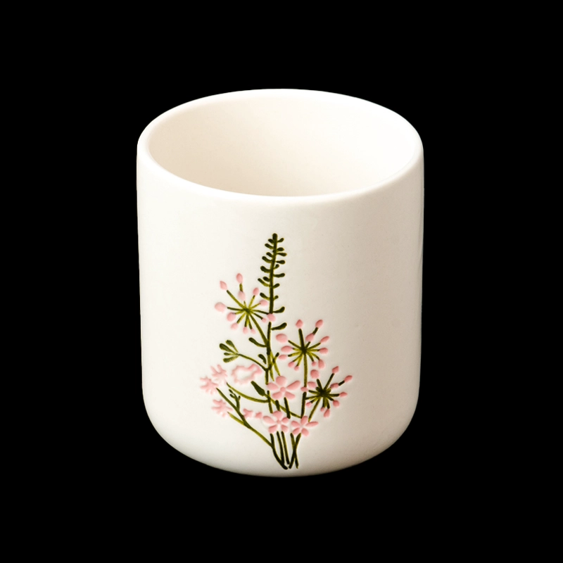 Elegant Pattern Creamy White Glazed 14oz Ceramic Candle Jar Manufacturing