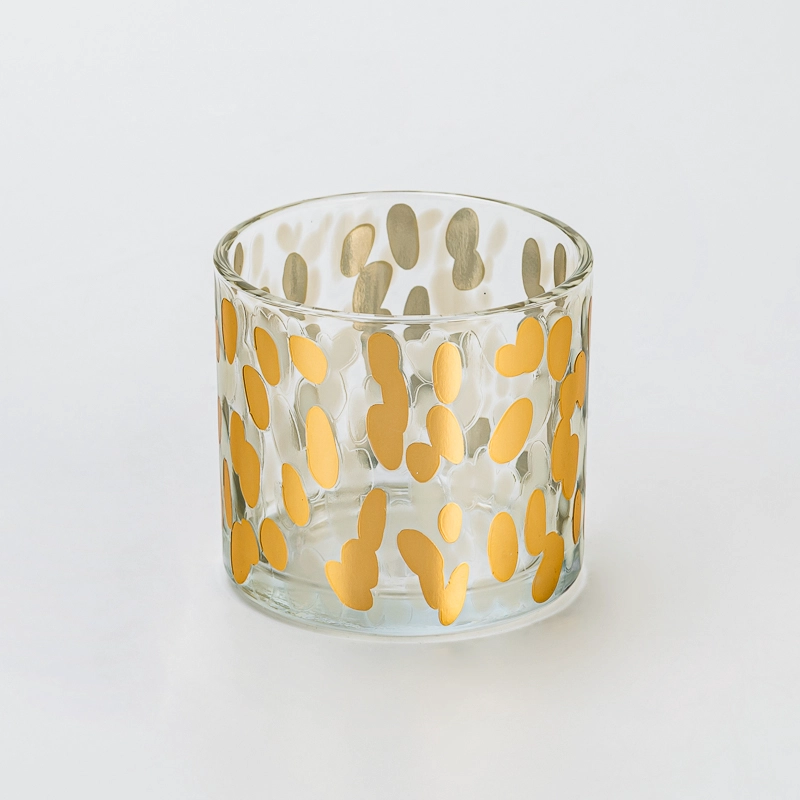 Premium Transparent Glass Candle Vessel with Custom Logo and Golden Spotted Pattern Decal 7oz for Home Wedding Party Decor Premium Transparent Glass Candle Vessel with Custom Logo and Golden Spotted Pattern Decal 7oz for Home Wedding Party Decor
