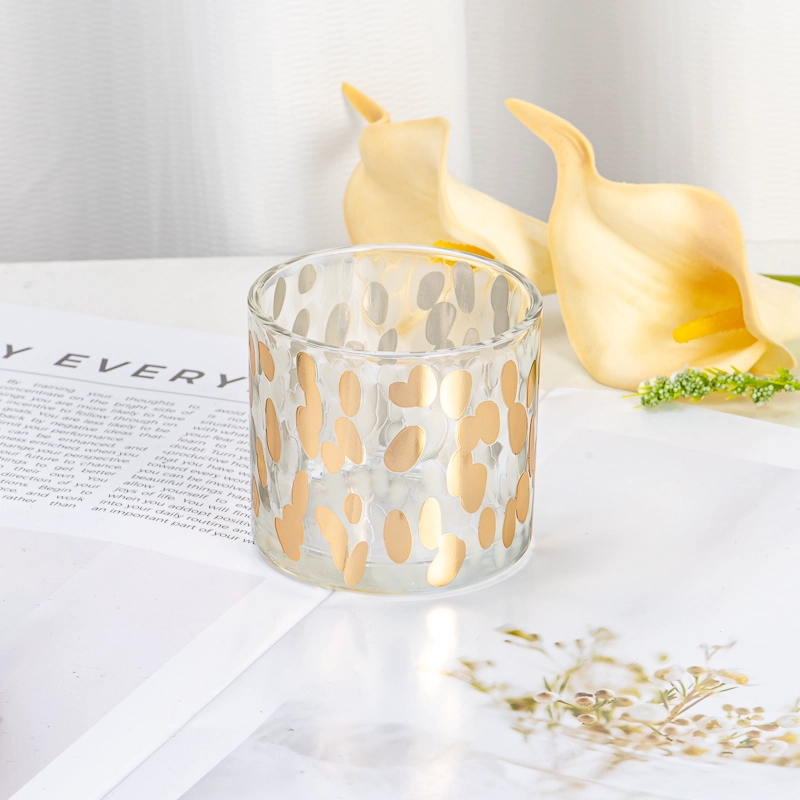 Premium Transparent Glass Candle Vessel with Custom Logo and Golden Spotted Pattern Decal 7oz for Home Wedding Party Decor Premium Transparent Glass Candle Vessel with Custom Logo and Golden Spotted Pattern Decal 7oz for Home Wedding Party Decor