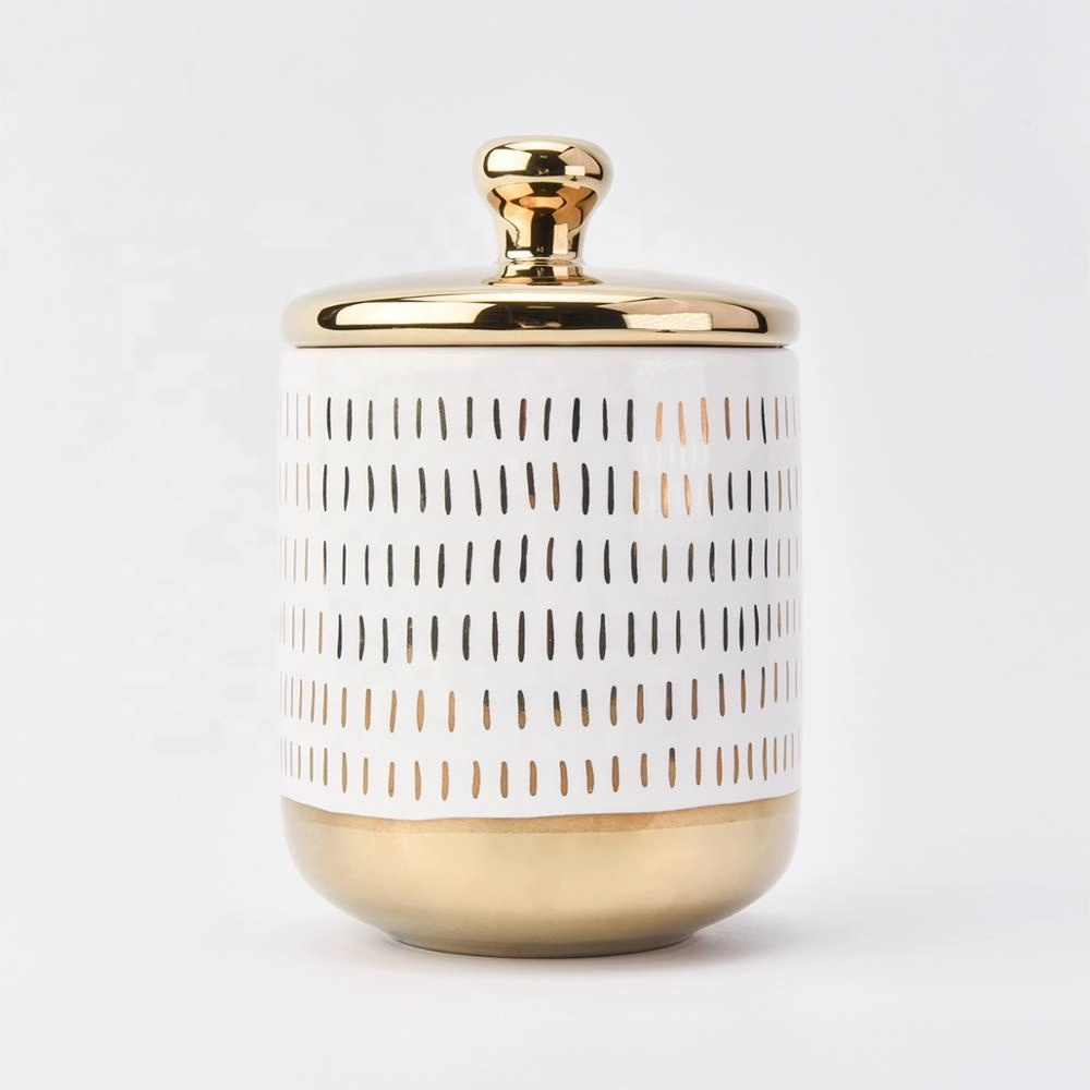 Customized electroplate ceramic candle container with golden lid 10oz
