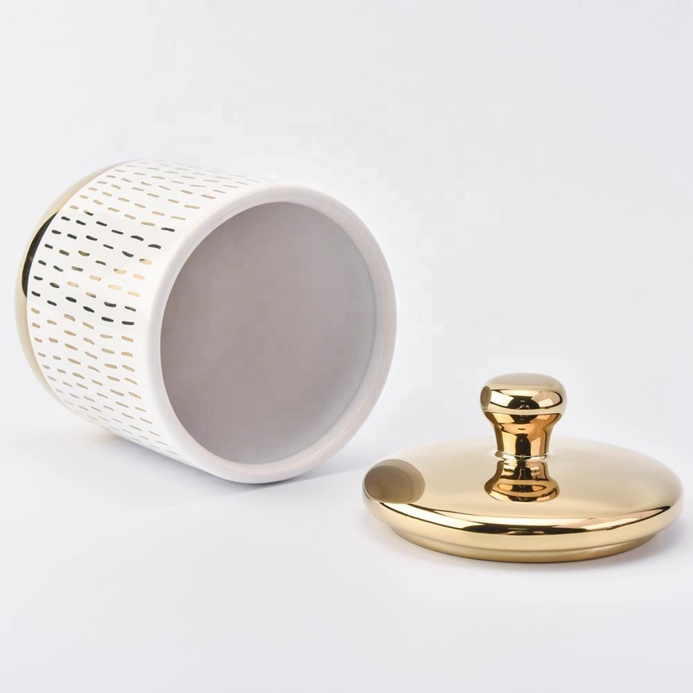 Customized electroplate ceramic candle container with golden lid 10oz
