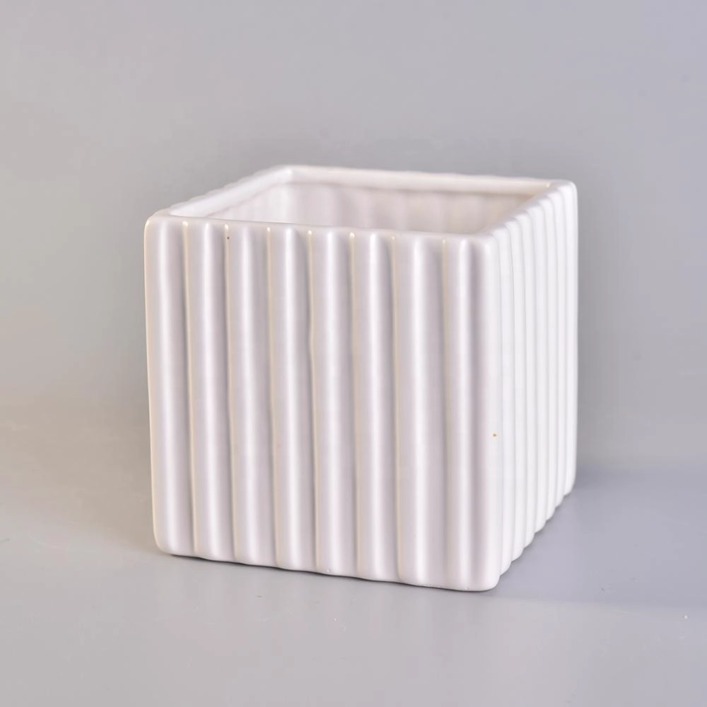 Wholesales stripe white square ceramic holder candle 10oz 12oz