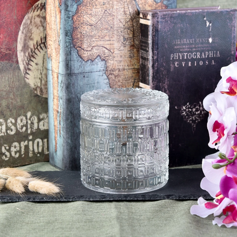 Embossed glass candle holder with lid for home decor