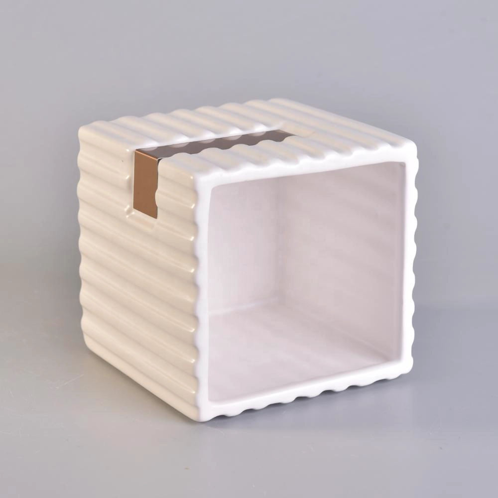 Wholesales stripe white square ceramic holder candle 10oz 12oz