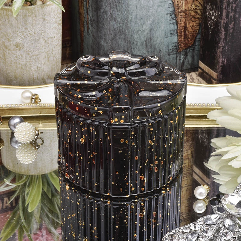 Black round glass candle holder with lid home decor