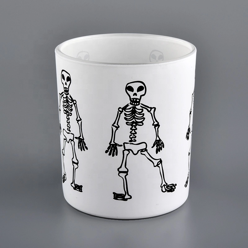 home decor white glass candle jar with black artwork