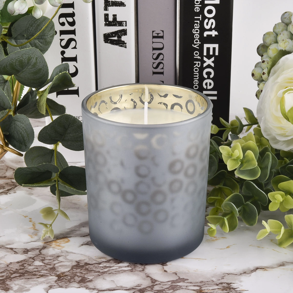 frosted glass candle containers with gold color
