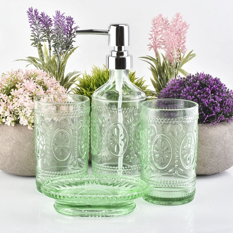 Luxury green emboss  Glass bathroom accessories four sets 