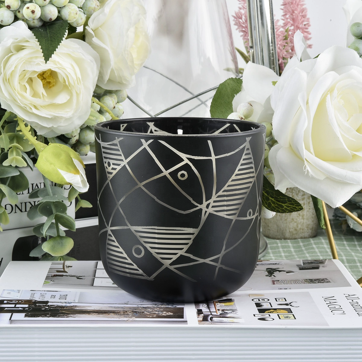 Matte black glass candle jars with laser engraving pattern