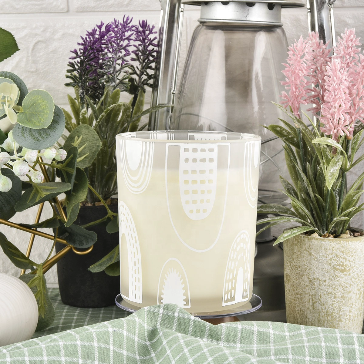 white frosted glass candle jar with silk screen printing