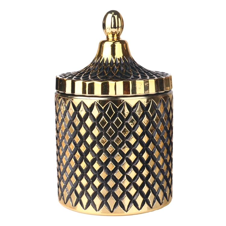 3oz 8oz 16oz Electroplated gold geo cut glass candle jar with lid