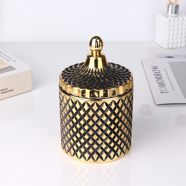 3oz 8oz 16oz Electroplated gold geo cut glass candle jar with lid