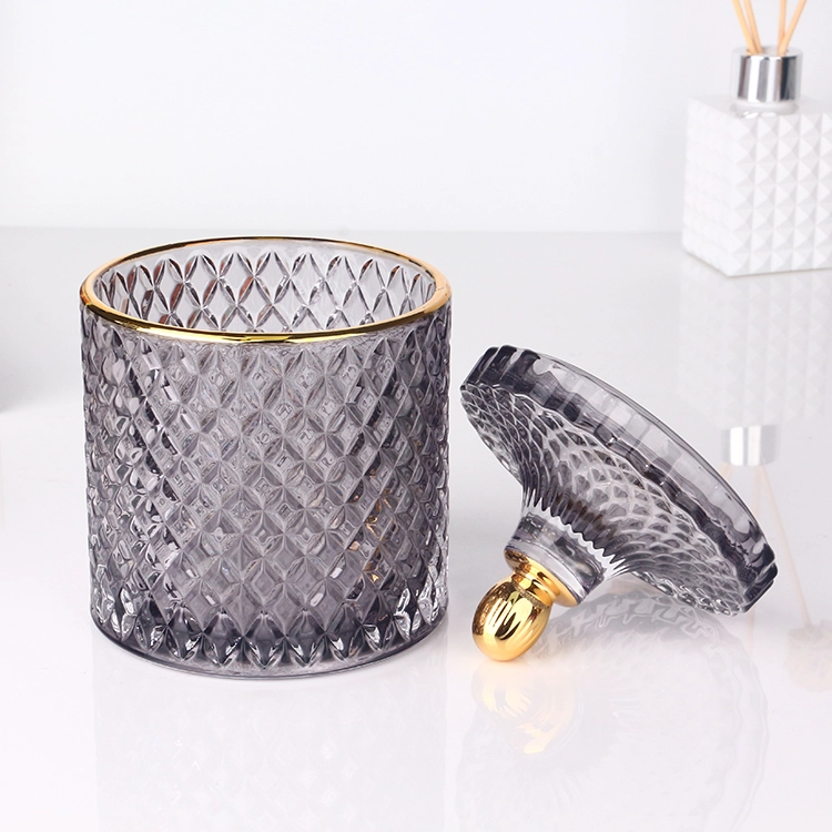 3oz 8oz 16oz colored transparent grey glass candle jar with electroplated gold tip lid