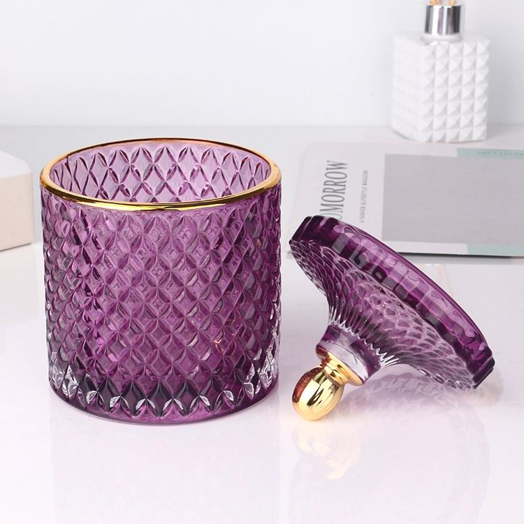 3oz 8oz 16oz colored transparent purple inside glass candle jar with electroplated gold tip lid