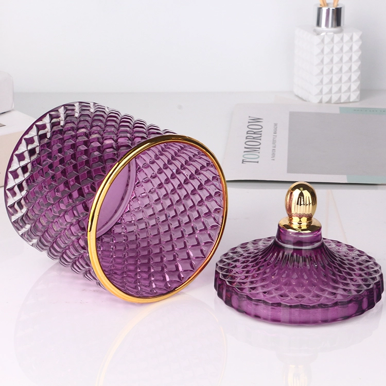 3oz 8oz 16oz colored transparent purple inside glass candle jar with electroplated gold tip lid