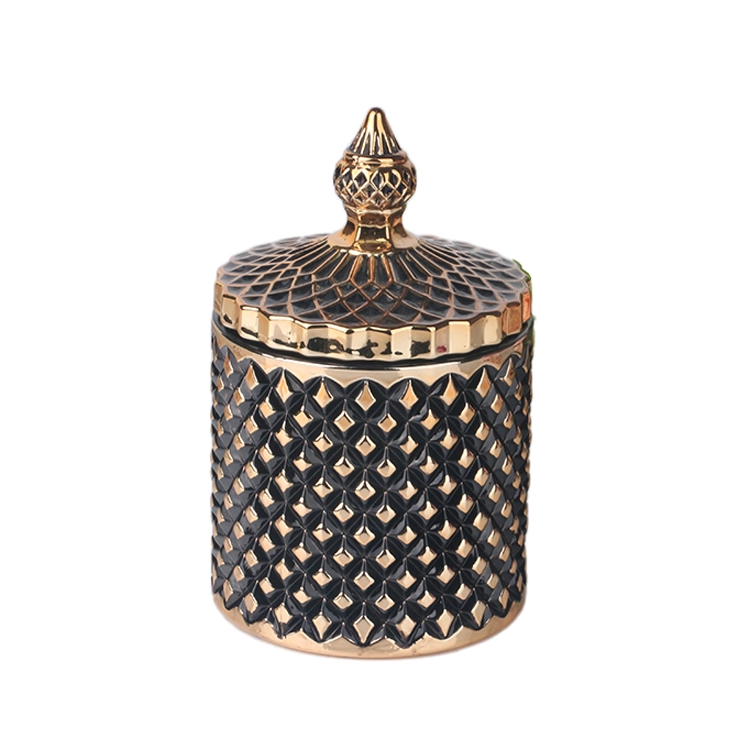 3oz 8oz 16oz electroplated colored black geo cut glass candle jar with gold tip lid