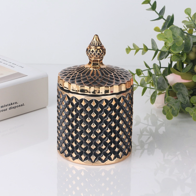 3oz 8oz 16oz electroplated colored black geo cut glass candle jar with gold tip lid