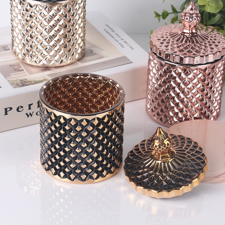 3oz 8oz 16oz electroplated colored black geo cut glass candle jar with gold tip lid