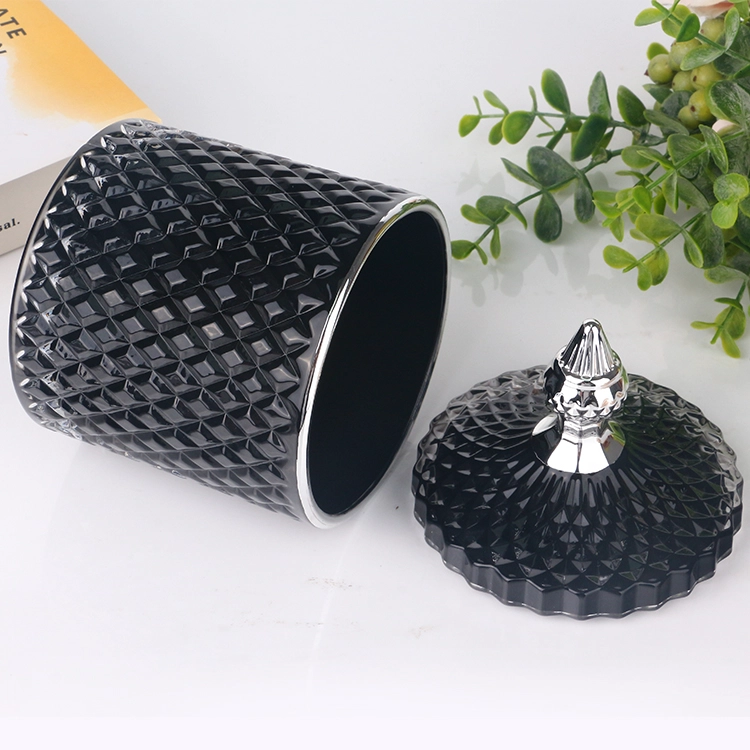 3oz, 8oz, 16oz black colored interior geometric cut glass candle holder with silver lace lid