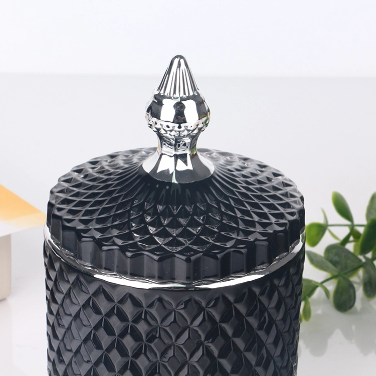 3oz, 8oz, 16oz black colored interior geometric cut glass candle holder with silver lace lid