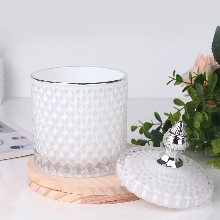 3oz 8oz 16oz white colored inside geo cut glass candle jar with silver tip lid