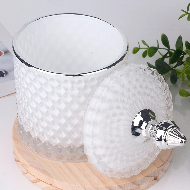 3oz 8oz 16oz white colored inside geo cut glass candle jar with silver tip lid