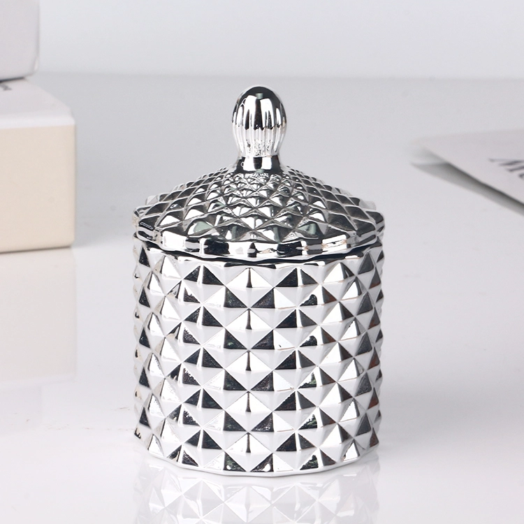 3oz 115ml electroplated silver geo cut small glass candle jar with lid