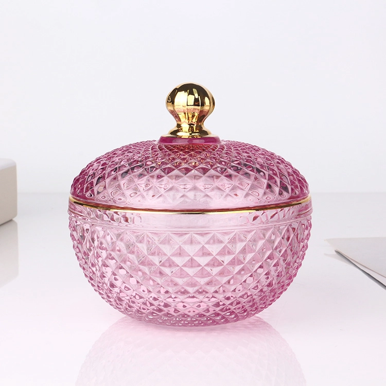 4oz 10oz colored transparent pink geo cut diamond faceted glass candle jar with gold tip lid