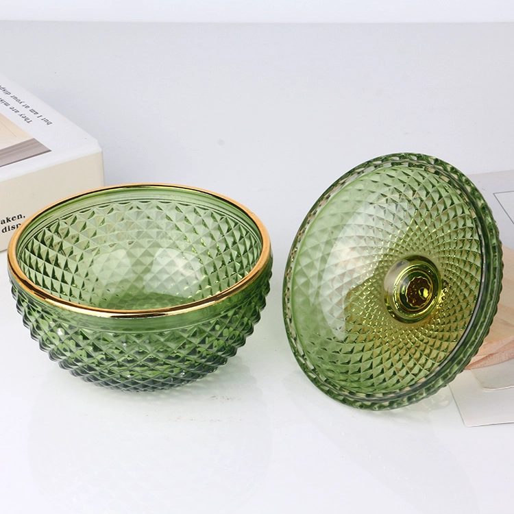 4oz 10oz colored transparent olive green geo cut diamond faceted glass candle jar with gold tip lid