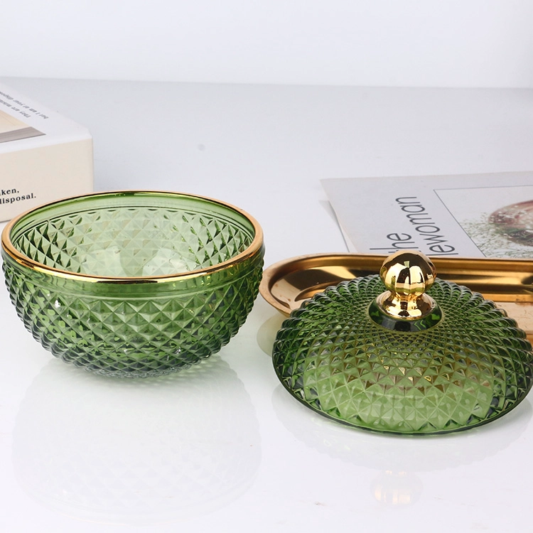 4oz 10oz colored transparent olive green geo cut diamond faceted glass candle jar with gold tip lid