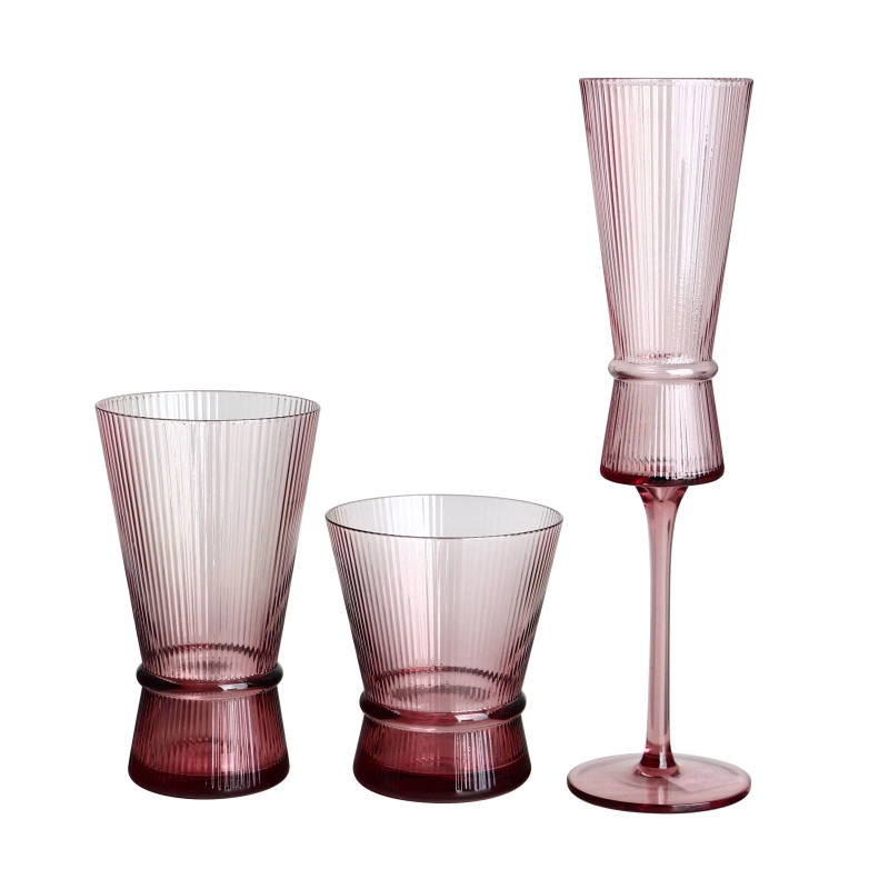 Lead free crystal 200ml 7oz ribbed colored pink vintage goblets champagne glass flutes