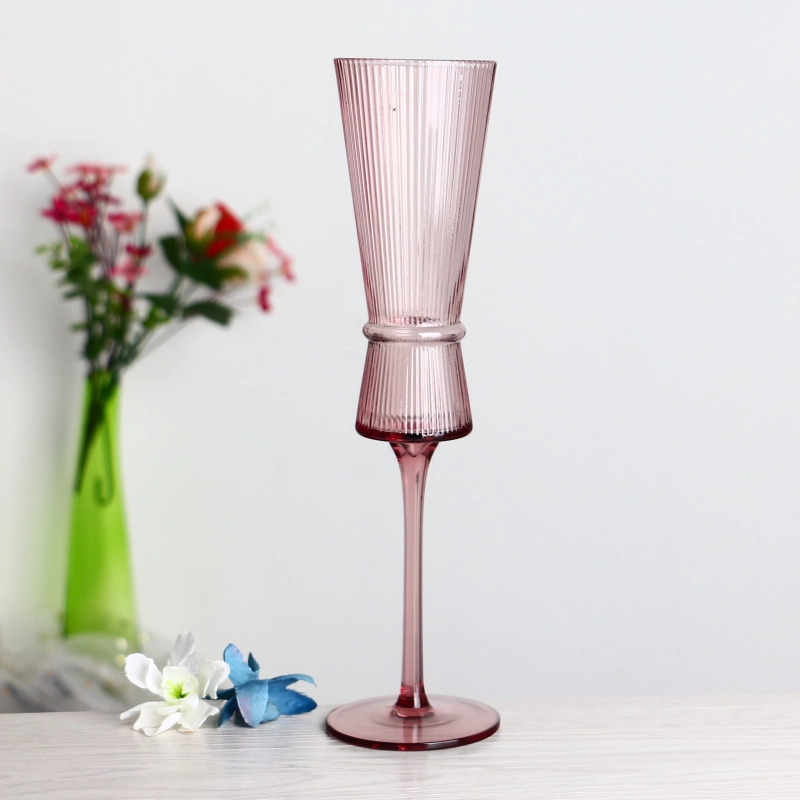 Lead free crystal 200ml 7oz ribbed colored pink vintage goblets champagne glass flutes