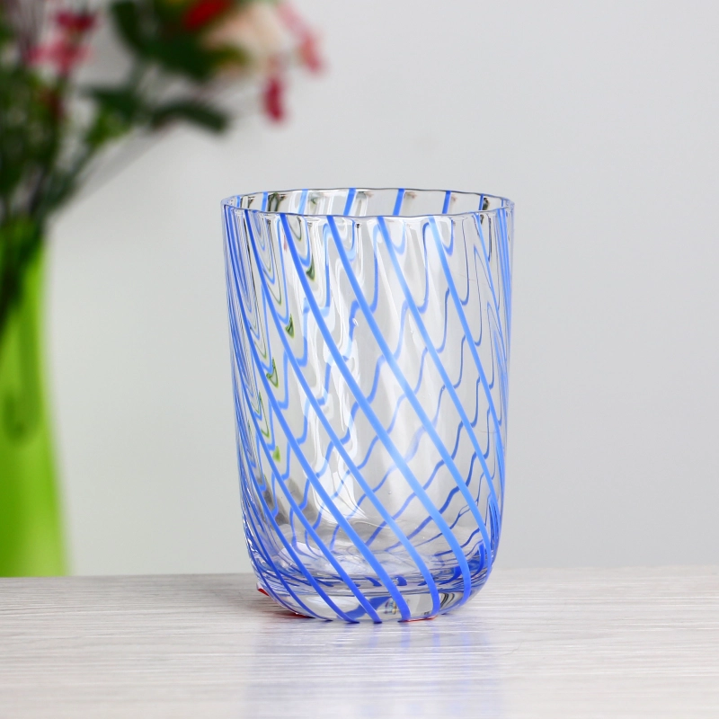 Lead free crystal 400ml 14oz striped blue glass tumbler cup