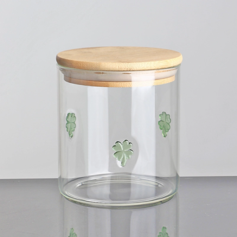 11oz 6oz Inlay Decor Kerstcadeau Hoog borosilicaatglas Voedselopslagpot Luchtdichte keukencontainer met bamboe deksel voor specerijen en thee