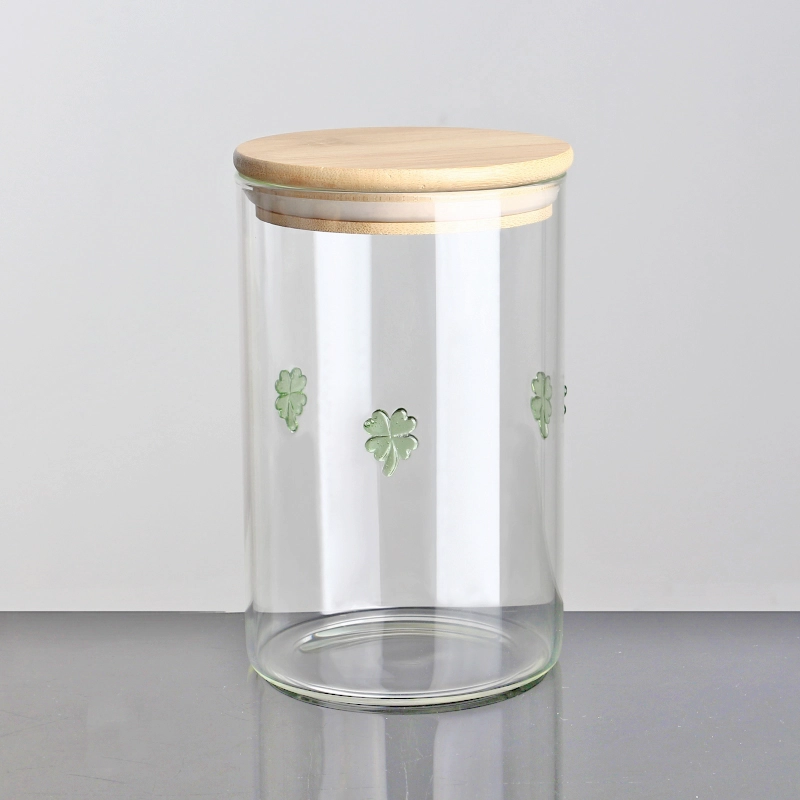 11oz 6oz Inlay Decor Kerstcadeau Hoog borosilicaatglas Voedselopslagpot Luchtdichte keukencontainer met bamboe deksel voor specerijen en thee
