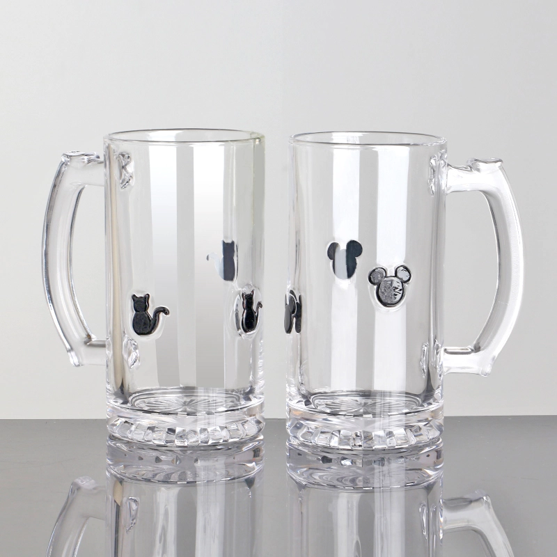 Wholesale Decorative Festive 16oz Pine tree Mickey Inlay decoration Glass beer mug with Handle