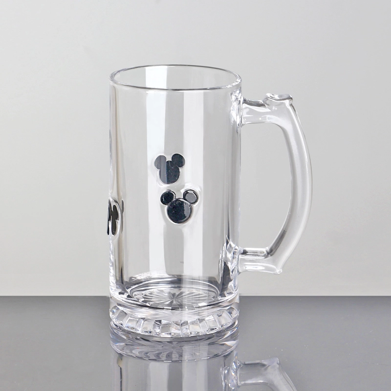 Wholesale Decorative Festive 16oz Pine tree Mickey Inlay decoration Glass beer mug with Handle