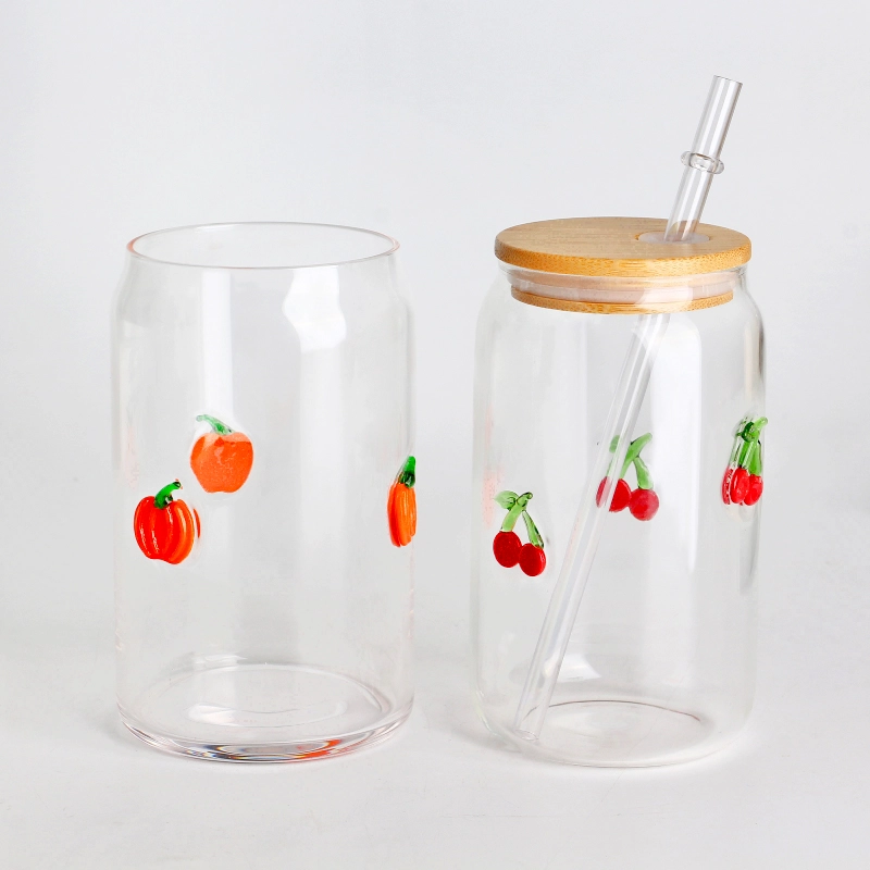 수제 높은 붕규산염 16온스 500ml 인레이 호박 할로윈 장식 유리 텀블러, 대나무 뚜껑과 짚 BPA 프리 재사용 가능한 스무디와 커피 컵